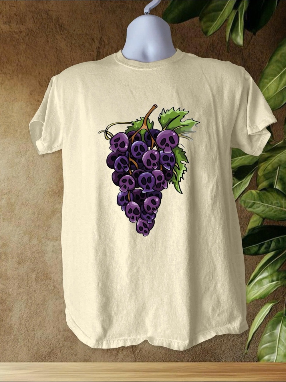 Gildan Cream Tee with Purple Grape Skull Graphic